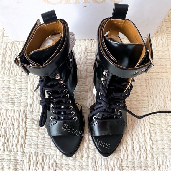 Chloé Rylee Cut-Out Leather Ankle Boot Heel Buckle Open-Toe Black EU 37.5 NIB - Picture 5 of 15